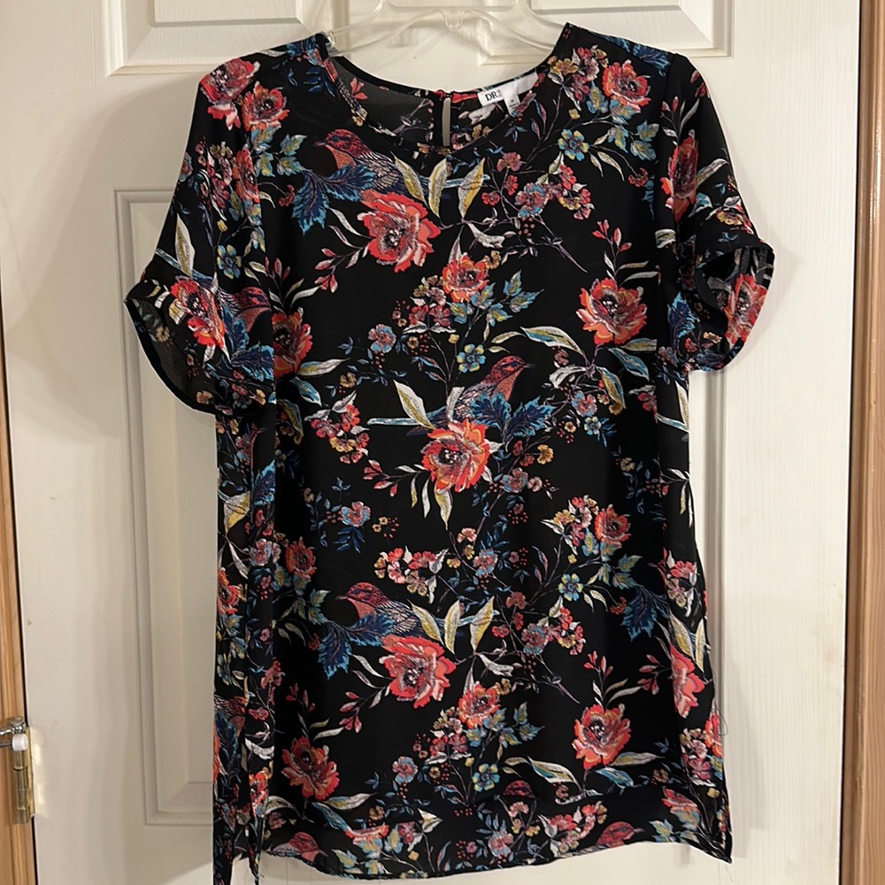 Flowing bird & rose print blouse
